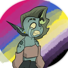 My goblin OC accompanied by a bisexual and nonbinary flag background